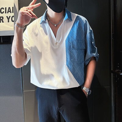 Moodsad revääriga ühendatud taskud Denim vabaaja särgid Meeste riided 2024 Suvi Uued lahtised Korea pulloverid Topid Noore stiiliga särgid