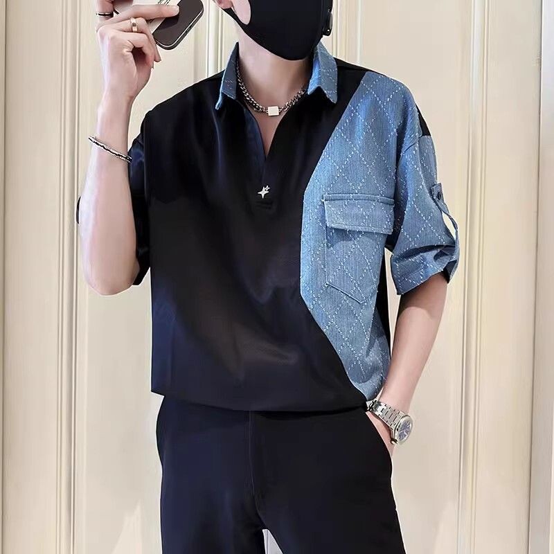 Moodsad revääriga ühendatud taskud Denim vabaaja särgid Meeste riided 2024 Suvi Uued lahtised Korea pulloverid Topid Noore stiiliga särgid