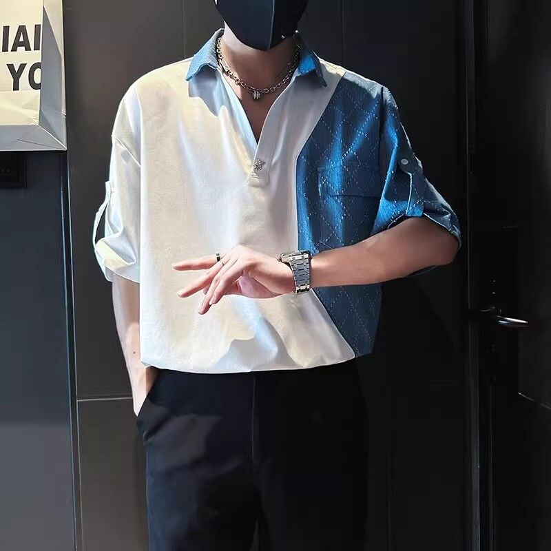 Moodsad revääriga ühendatud taskud Denim vabaaja särgid Meeste riided 2024 Suvi Uued lahtised Korea pulloverid Topid Noore stiiliga särgid