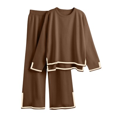 Плетен дамски панталон Комплект от две части Едноцветен зимен свободен трикотаж с дълги ръкави Комплекти кльощави панталони Женски ежедневни костюми