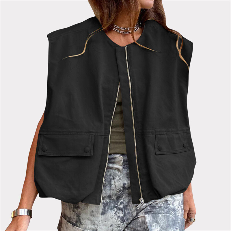 Lamuusaa Cargo vest naiste y2k riided ühevärvilised ümmarguse kaelusega lukuga varrukateta ülisuur jope 2000. aastate mantel Topid Tänavarõivad