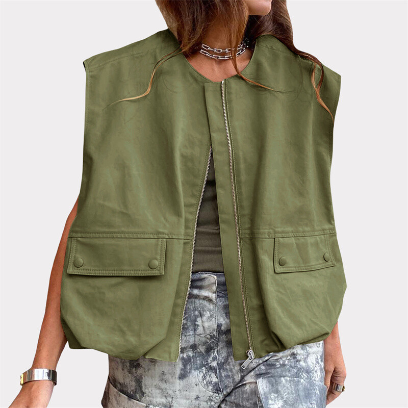 Lamuusaa Cargo vest naiste y2k riided ühevärvilised ümmarguse kaelusega lukuga varrukateta ülisuur jope 2000. aastate mantel Topid Tänavarõivad