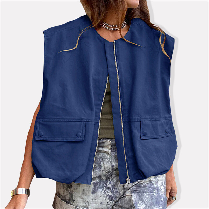 Lamuusaa Cargo vest naiste y2k riided ühevärvilised ümmarguse kaelusega lukuga varrukateta ülisuur jope 2000. aastate mantel Topid Tänavarõivad