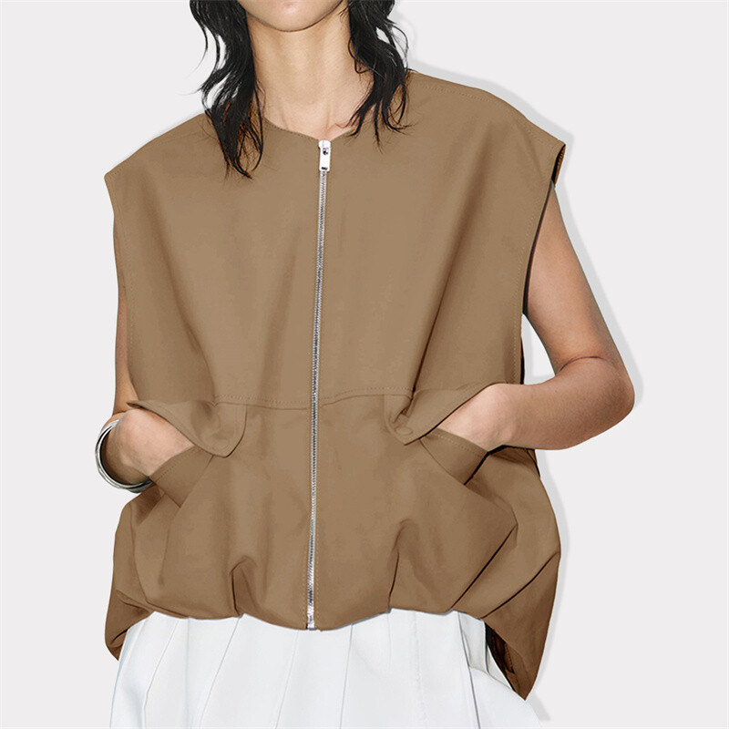 Lamuusaa Cargo vest naiste y2k riided ühevärvilised ümmarguse kaelusega lukuga varrukateta ülisuur jope 2000. aastate mantel Topid Tänavarõivad