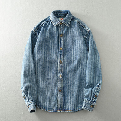 Klasikiniai retro dryžuoti džinsiniai marškiniai vyrams ilgomis rankovėmis, skalbti palaidi mėlyna tendencija plius dydžio vyriški marškinėliai.