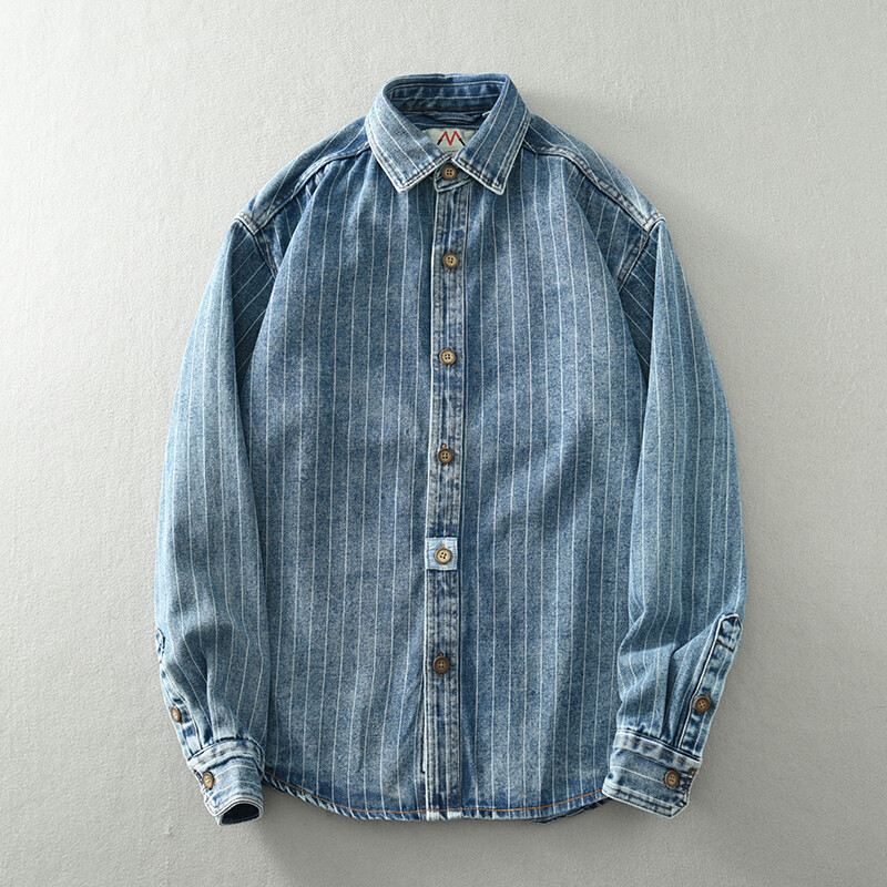 Klasikiniai retro dryžuoti džinsiniai marškiniai vyrams ilgomis rankovėmis, skalbti palaidi mėlyna tendencija plius dydžio vyriški marškinėliai.