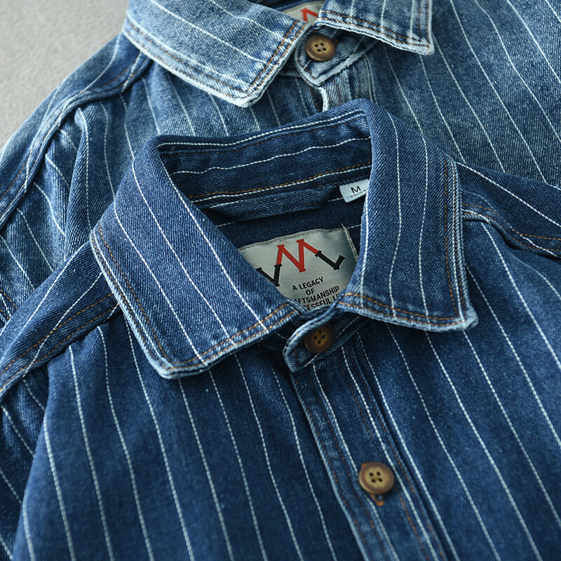 Klasikiniai retro dryžuoti džinsiniai marškiniai vyrams ilgomis rankovėmis, skalbti palaidi mėlyna tendencija plius dydžio vyriški marškinėliai.