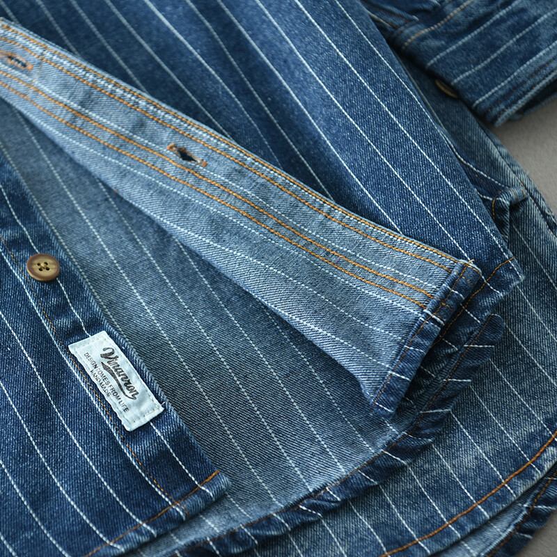 Klasikiniai retro dryžuoti džinsiniai marškiniai vyrams ilgomis rankovėmis, skalbti palaidi mėlyna tendencija plius dydžio vyriški marškinėliai.
