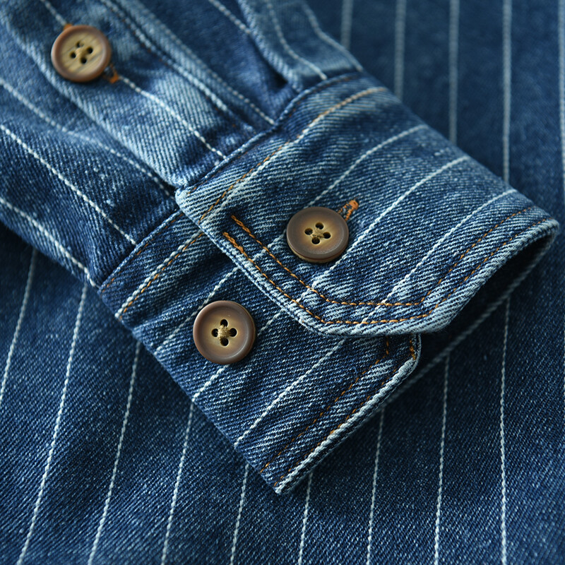 Klasikiniai retro dryžuoti džinsiniai marškiniai vyrams ilgomis rankovėmis, skalbti palaidi mėlyna tendencija plius dydžio vyriški marškinėliai.