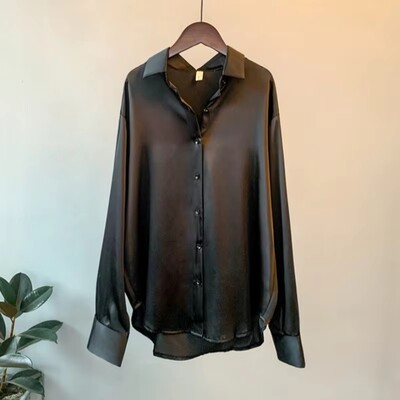 Pavasara modes pogām Satīna zīda krekls Vintage blūze Sieviešu balti topi Sieviešu brīvi ielu krekli 11355