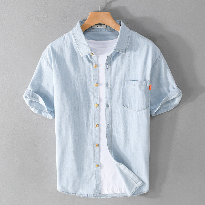 Džinsu krekls vīriešiem Vasaras jauns īsu piedurkņu tīras kokvilnas krekls