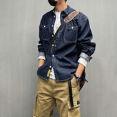 Vīriešu krekls ar zemiem pleciem svītrains džinsa krekls ar garām piedurknēm rudens ikdienišķs amerikāņu havajiešu vintage baggy top vīriešu apģērbs 2024