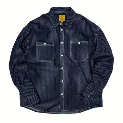 Vīriešu krekls ar zemiem pleciem svītrains džinsa krekls ar garām piedurknēm rudens ikdienišķs amerikāņu havajiešu vintage baggy top vīriešu apģērbs 2024