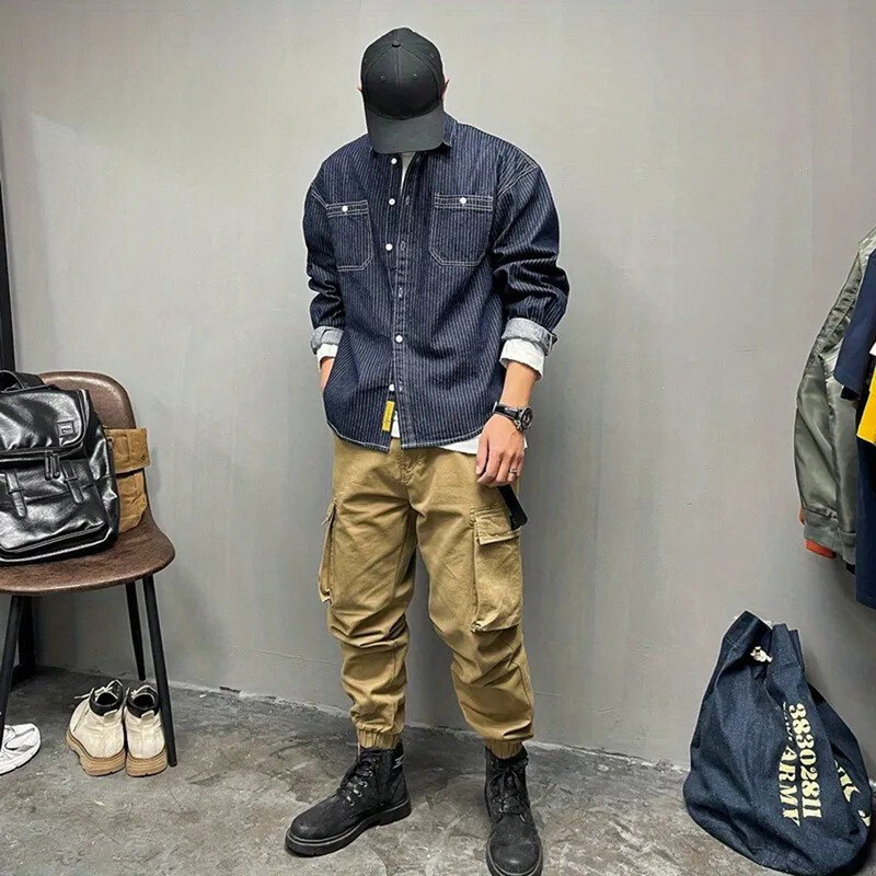 Vīriešu krekls ar zemiem pleciem svītrains džinsa krekls ar garām piedurknēm rudens ikdienišķs amerikāņu havajiešu vintage baggy top vīriešu apģērbs 2024