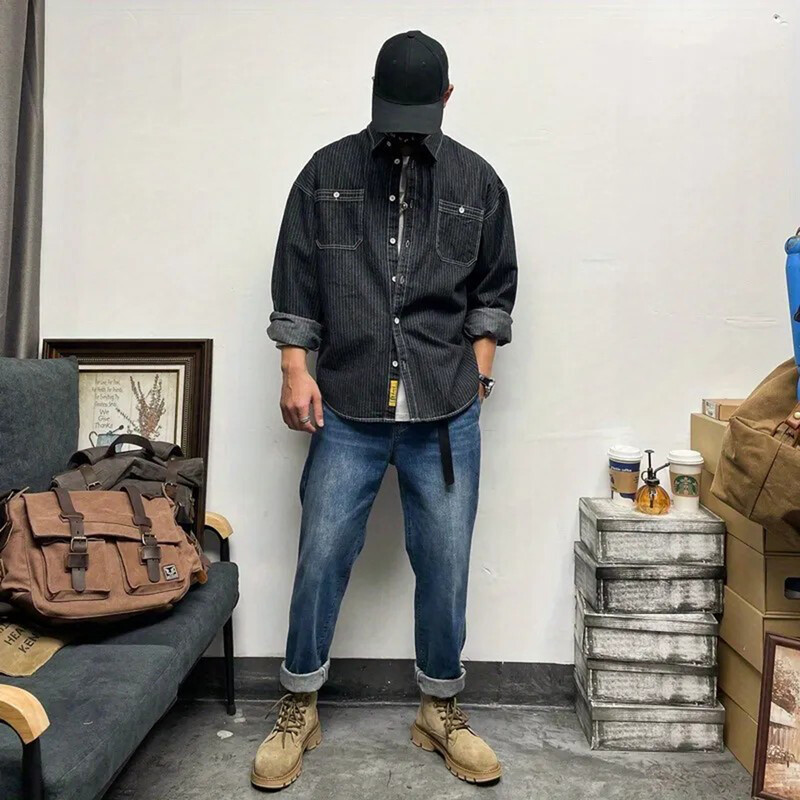 Vīriešu krekls ar zemiem pleciem svītrains džinsa krekls ar garām piedurknēm rudens ikdienišķs amerikāņu havajiešu vintage baggy top vīriešu apģērbs 2024