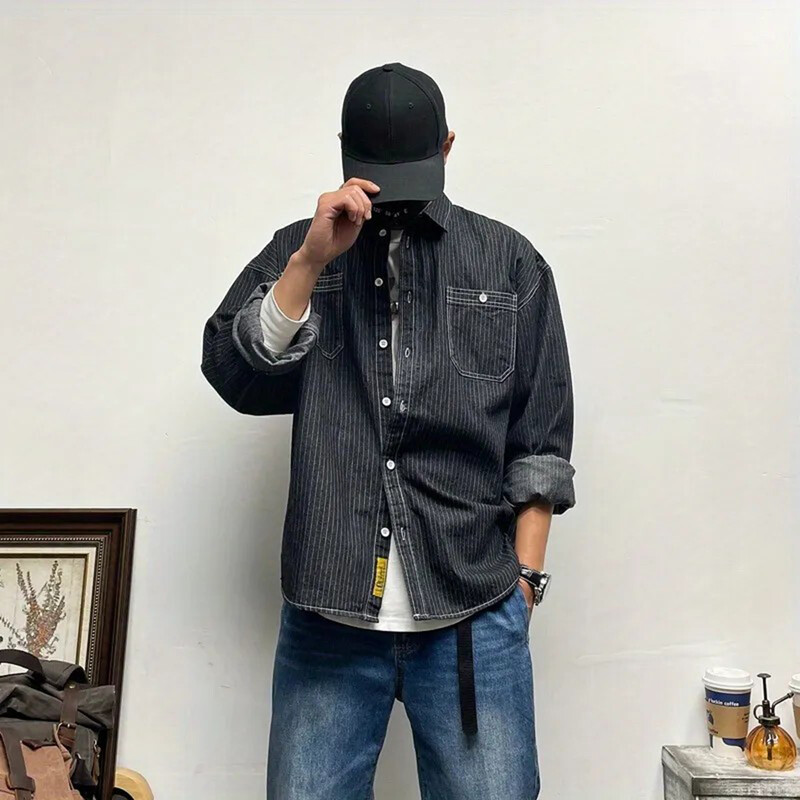 Vīriešu krekls ar zemiem pleciem svītrains džinsa krekls ar garām piedurknēm rudens ikdienišķs amerikāņu havajiešu vintage baggy top vīriešu apģērbs 2024