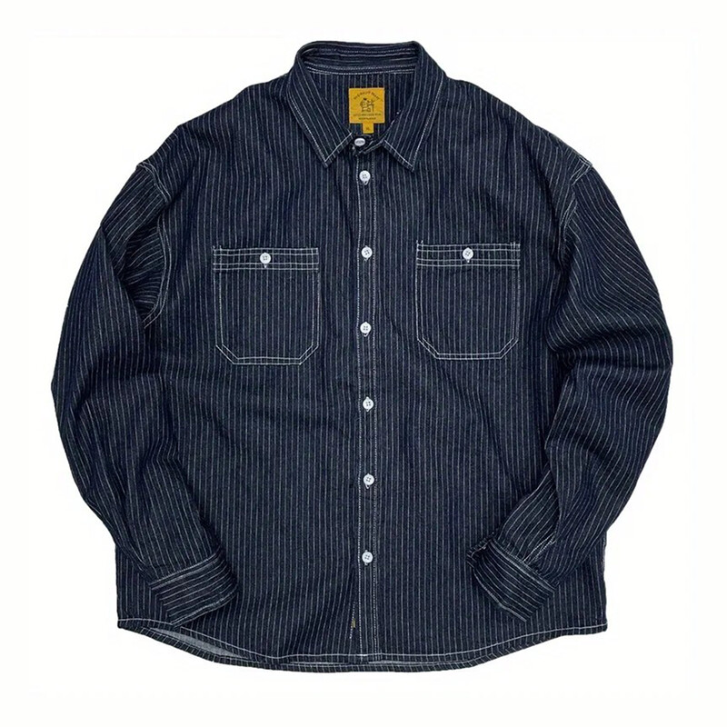 Vīriešu krekls ar zemiem pleciem svītrains džinsa krekls ar garām piedurknēm rudens ikdienišķs amerikāņu havajiešu vintage baggy top vīriešu apģērbs 2024