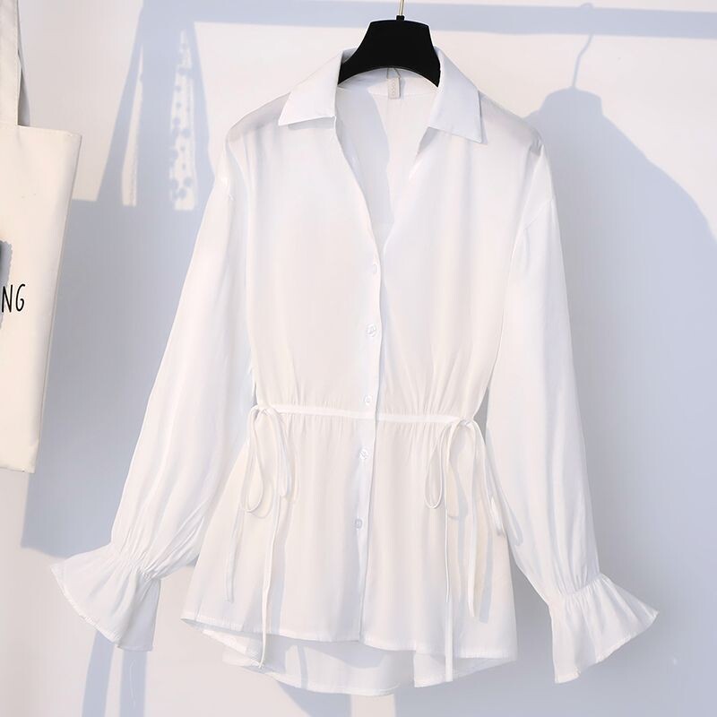 Madingi polo apykaklės vienspalviai suvarstomi marškiniai, skirti moteriškam pavasariui rudeniui, naujo temperamento, paprastas pilvą dengiantis liekninamasis viršus