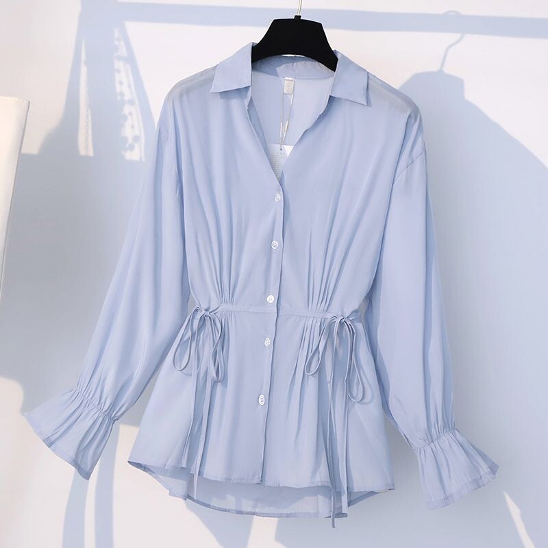 Madingi polo apykaklės vienspalviai suvarstomi marškiniai, skirti moteriškam pavasariui rudeniui, naujo temperamento, paprastas pilvą dengiantis liekninamasis viršus