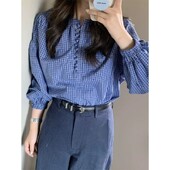 Sieviešu apģērbi Pavasaris Vasara Korejiešu vienkāršība, pogu rūtains vienkrāsains džemperis Sieviešu krekls ar garām piedurknēm.