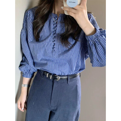 Sieviešu apģērbi Pavasaris Vasara Korejiešu vienkāršība, pogu rūtains vienkrāsains džemperis Sieviešu krekls ar garām piedurknēm.