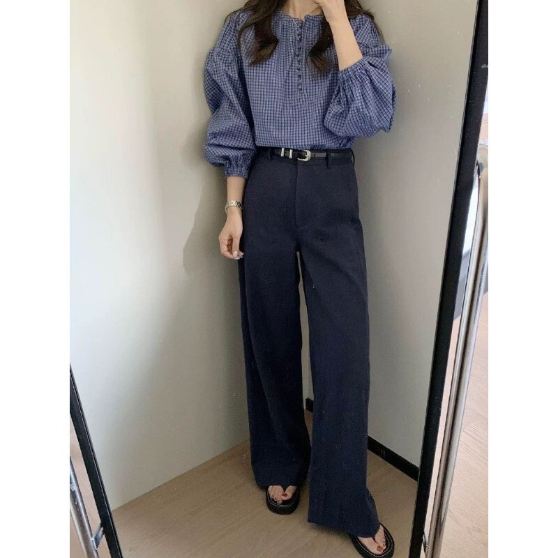 Sieviešu apģērbi Pavasaris Vasara Korejiešu vienkāršība, pogu rūtains vienkrāsains džemperis Sieviešu krekls ar garām piedurknēm.