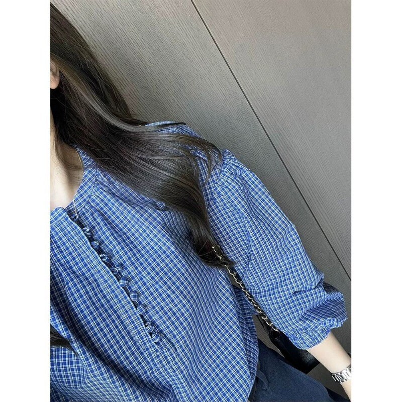 Sieviešu apģērbi Pavasaris Vasara Korejiešu vienkāršība, pogu rūtains vienkrāsains džemperis Sieviešu krekls ar garām piedurknēm.