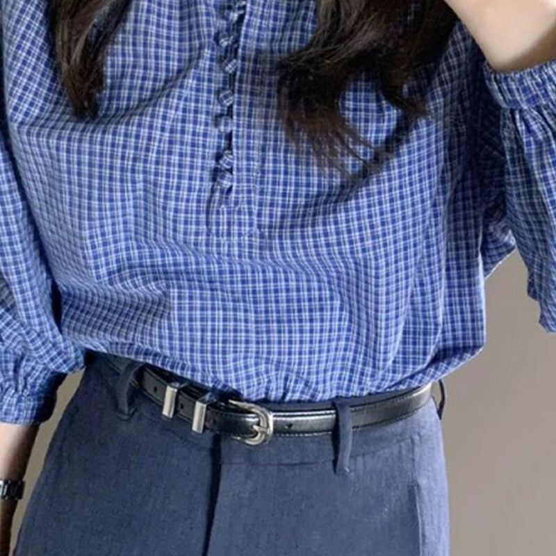 Sieviešu apģērbi Pavasaris Vasara Korejiešu vienkāršība, pogu rūtains vienkrāsains džemperis Sieviešu krekls ar garām piedurknēm.