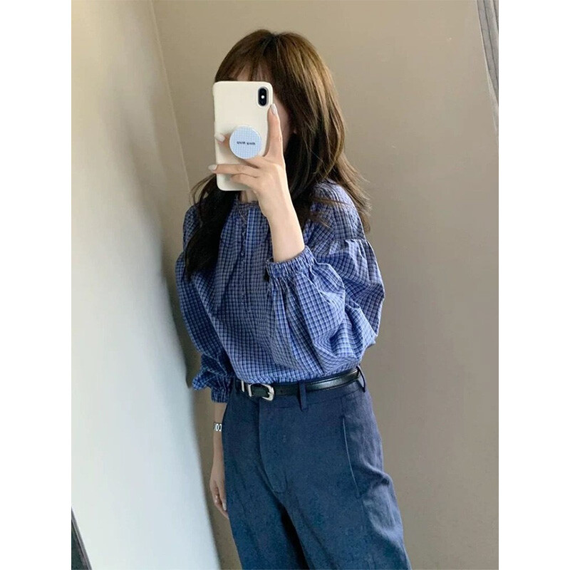 Sieviešu apģērbi Pavasaris Vasara Korejiešu vienkāršība, pogu rūtains vienkrāsains džemperis Sieviešu krekls ar garām piedurknēm.