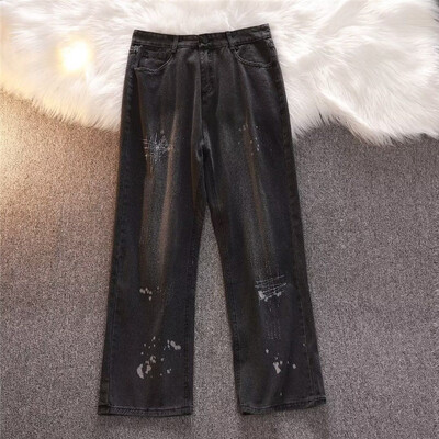 Džinsai Vyriški drabužiai Pavasario ir vasaros High Street Splash Ink Y2K Tiesios kelnės Sagos Kišenė Laisva Senos Kelnės A046