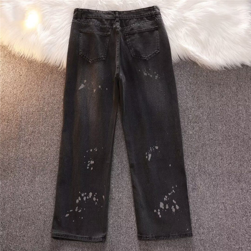 Džinsai Vyriški drabužiai Pavasario ir vasaros High Street Splash Ink Y2K Tiesios kelnės Sagos Kišenė Laisva Senos Kelnės A046
