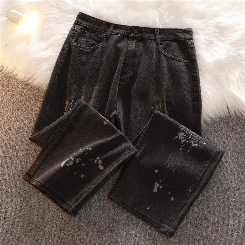 Džinsai Vyriški drabužiai Pavasario ir vasaros High Street Splash Ink Y2K Tiesios kelnės Sagos Kišenė Laisva Senos Kelnės A046