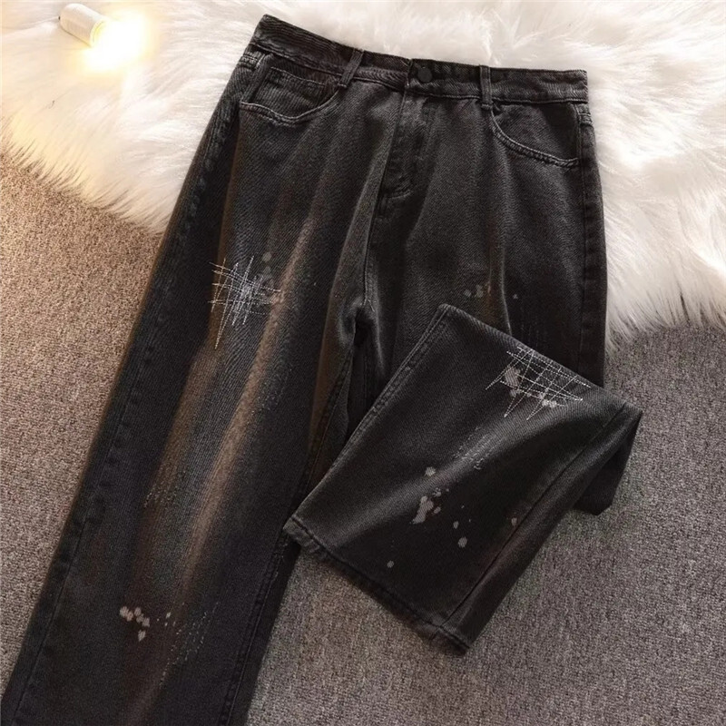 Džinsai Vyriški drabužiai Pavasario ir vasaros High Street Splash Ink Y2K Tiesios kelnės Sagos Kišenė Laisva Senos Kelnės A046