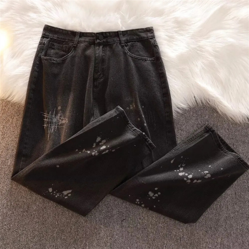 Džinsai Vyriški drabužiai Pavasario ir vasaros High Street Splash Ink Y2K Tiesios kelnės Sagos Kišenė Laisva Senos Kelnės A046