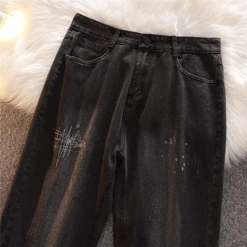 Džinsai Vyriški drabužiai Pavasario ir vasaros High Street Splash Ink Y2K Tiesios kelnės Sagos Kišenė Laisva Senos Kelnės A046