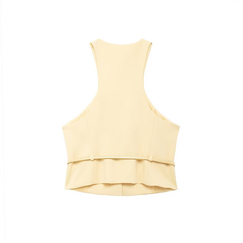 Willshela sieviešu modes ar jostu, dzeltena veste ar V veida kakla izgriezumu, vienrindas jakas bez piedurknēm.