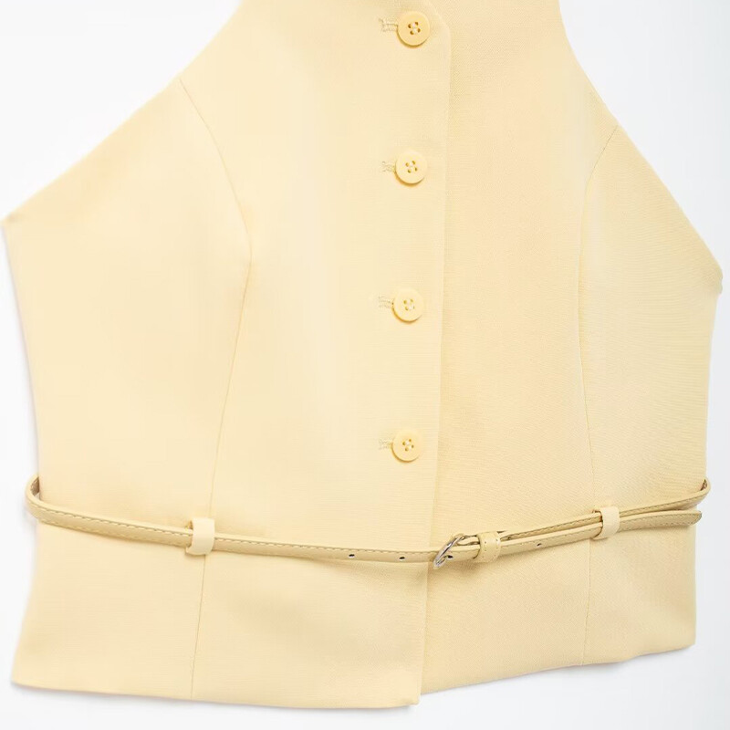 Willshela sieviešu modes ar jostu, dzeltena veste ar V veida kakla izgriezumu, vienrindas jakas bez piedurknēm.