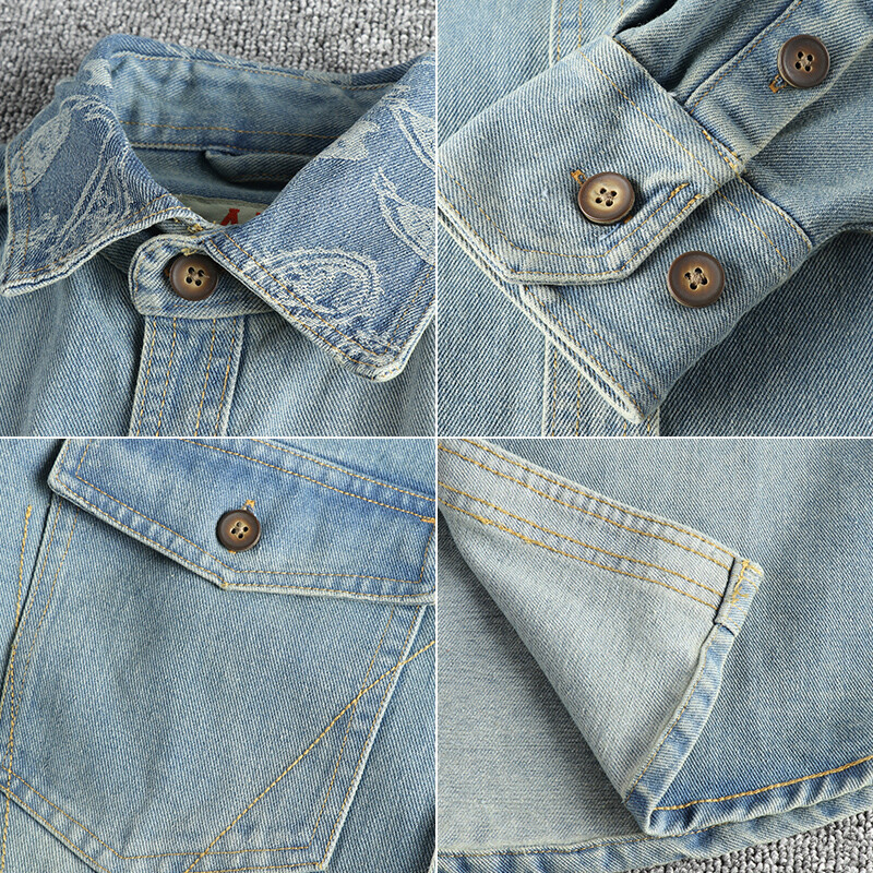 Sunkios apykaklės anakardžių gėlių siuvinėjimo dizainas su britų vintažinių džinsinių marškinėlių dizaino stiliumi, vyriškas rudens tendencijos paltas ilgomis rankovėmis