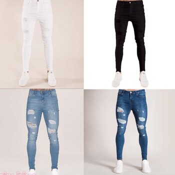 Μόδα Λευκό Skinny Ripped Jeans Ανδρικό ελαστικό Stretch Slim τζιν παντελόνι Streetwear μοτοσυκλέτα Hip Hop Jean Jogging Τζιν παντελόνι