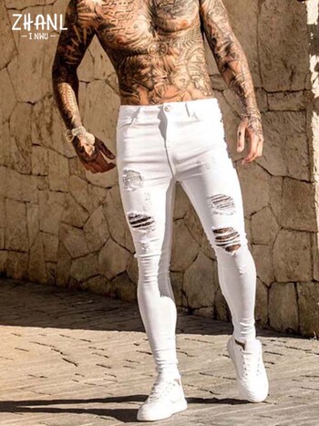 Μόδα Λευκό Skinny Ripped Jeans Ανδρικό ελαστικό Stretch Slim τζιν παντελόνι Streetwear μοτοσυκλέτα Hip Hop Jean Jogging Τζιν παντελόνι