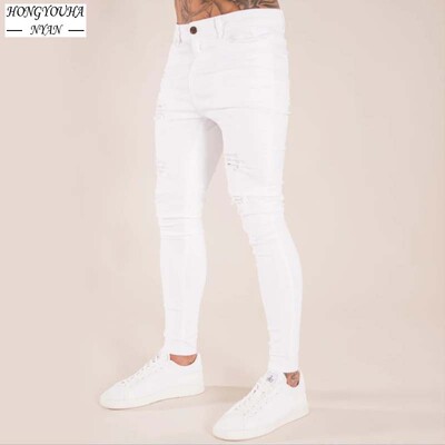 Jeans skinny albi rupti de modă Pantaloni elastici elastici pentru bărbați Pantaloni subțiri de denim Streetwear pentru motociclete Pantaloni de jogging din denim hip hop