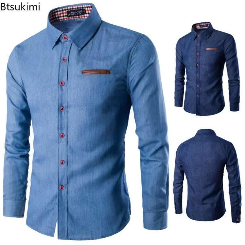 2025. aasta meeste pikkade varrukatega teksariidest kleit Slim Fit Button Down vabaaja topsärgid Meeste pidulikud kleidisärgid Blusas Chemise Homme