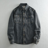 2024 m. rudens nauji amerikietiški įrankiai nostalgiški skalbiniai vyriški džinsiniai marškiniai retro ilgomis rankovėmis dryžuotas paltas