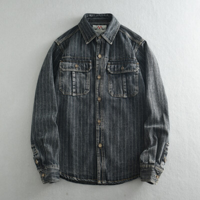 2024 m. rudens nauji amerikietiški įrankiai nostalgiški skalbiniai vyriški džinsiniai marškiniai retro ilgomis rankovėmis dryžuotas paltas