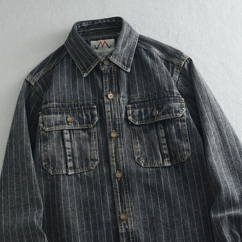 2024 m. rudens nauji amerikietiški įrankiai nostalgiški skalbiniai vyriški džinsiniai marškiniai retro ilgomis rankovėmis dryžuotas paltas