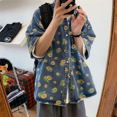 2024. aasta suve meeste vintage teksasärgid lühikeste varrukatega lilledega trükitud pluus vabaaja meeste teksamantlid üherealised taskutopsid