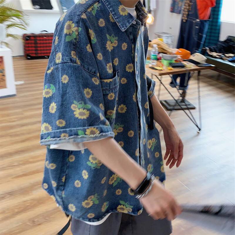 2024. aasta suve meeste vintage teksasärgid lühikeste varrukatega lilledega trükitud pluus vabaaja meeste teksamantlid üherealised taskutopsid