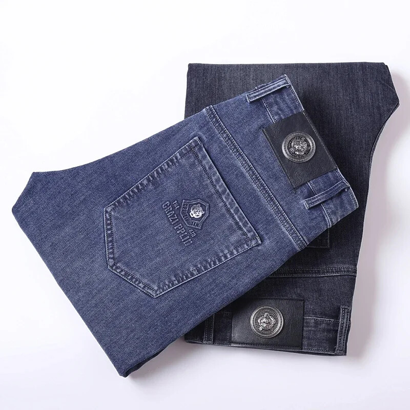 Pavasara vasara Plānas, kvalitatīvas biznesa lielizmēra vīriešu elastīgas, plānas džinsas, brīvas ikdienas bikses