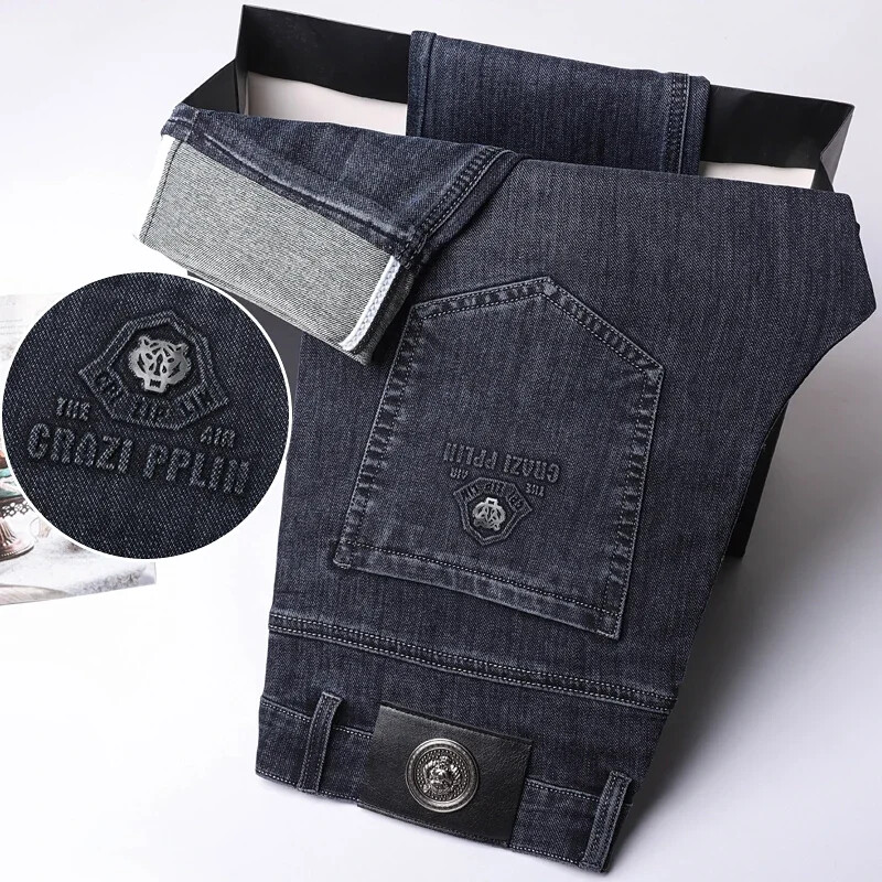 Pavasara vasara Plānas, kvalitatīvas biznesa lielizmēra vīriešu elastīgas, plānas džinsas, brīvas ikdienas bikses