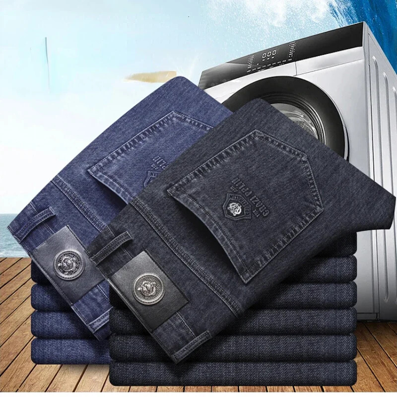 Pavasara vasara Plānas, kvalitatīvas biznesa lielizmēra vīriešu elastīgas, plānas džinsas, brīvas ikdienas bikses